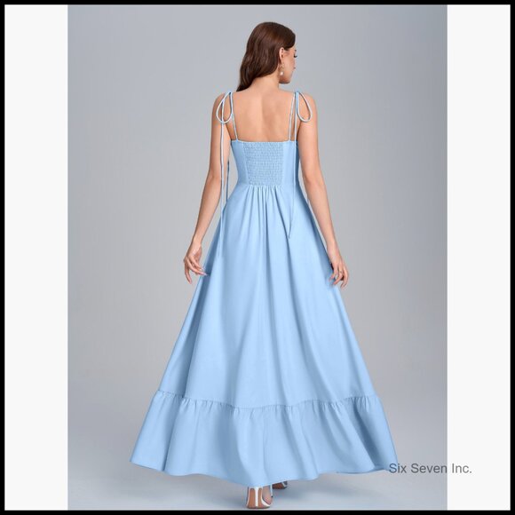 Spaghetti Strap Smocked Back Maxi Dress Flowy A-Line Ruffle Beach Wedding Guest - Picture 6 of 7